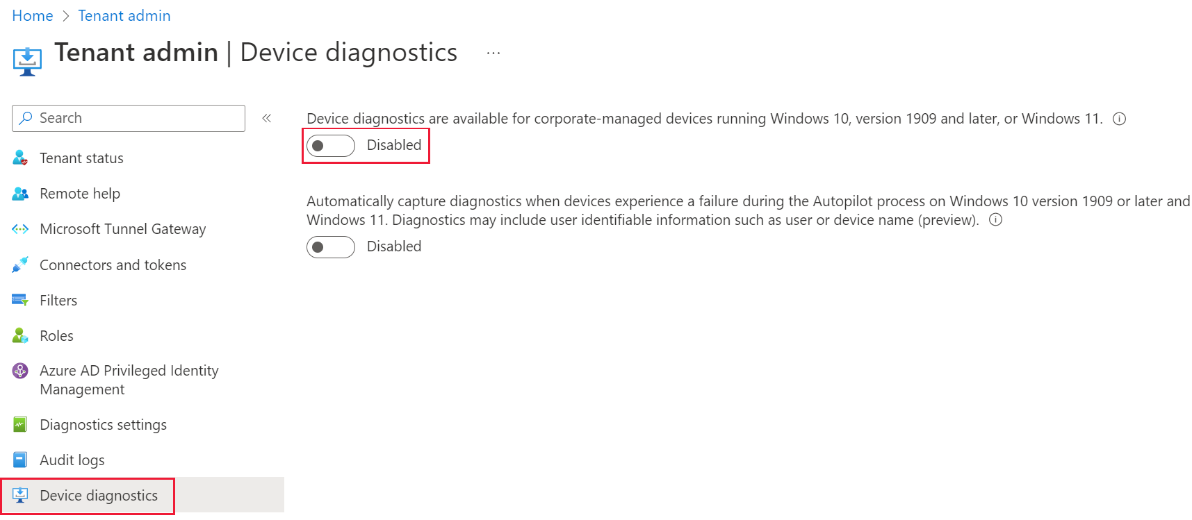 Screenshot that shows the Device diagnostics pane with the highlighted control for device diagnostics set to Disabled.