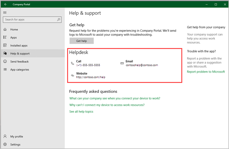 The Company Portal app for Windows, Help & Support page, highlighting Helpdesk details. 
