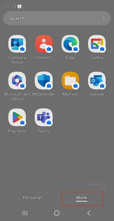 Screenshot of work tab in Samsung Galaxy S20 FE app drawer.