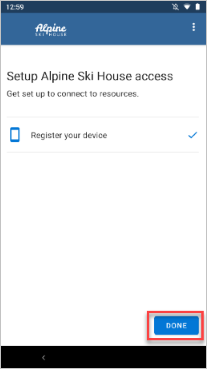 Example image of Set up access, register your device screen, highlighting Done button.