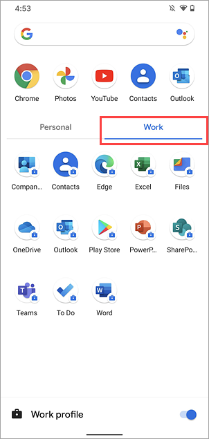Screenshot of work tab in Google Pixel 4 app drawer.