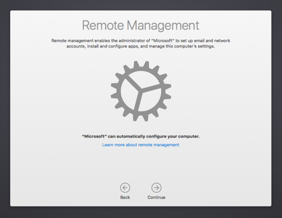 Screenshot of macOS device Setup Assistant Remote Management screen, with text explaining remote management and a link to documentation for more information. Also shows a Back button and Continue button.