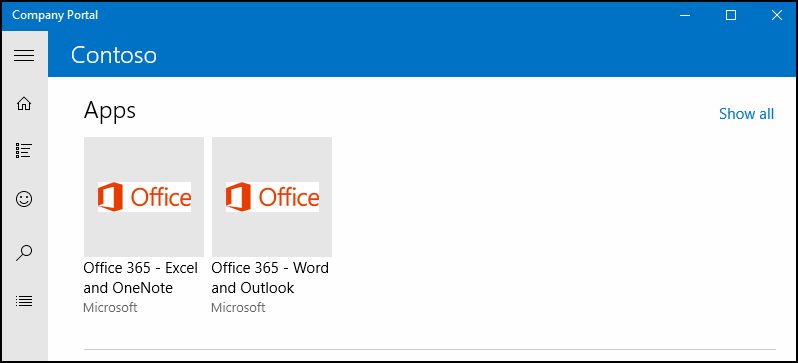 The Company Portal app for Windows showing 2 versions of Office side by side.