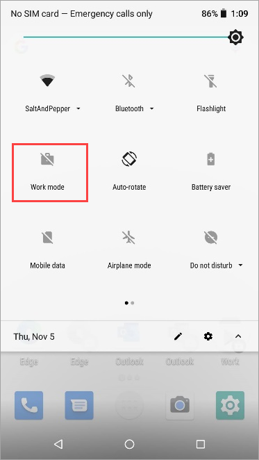 Screenshot of inactive work mode icon in Nexus 5X quick settings.