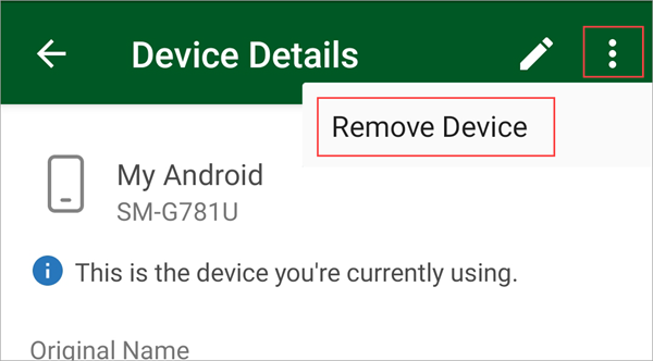 Screenshot of Company Portal app, highlighting the menu button and "Remove Device" option.