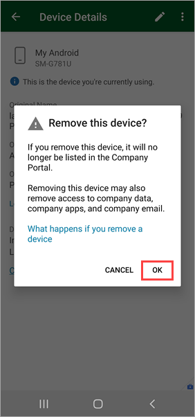 Screenshot of Company Portal app, "Remove this device?" confirmation, highlighting the "OK" option.