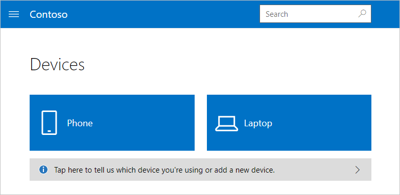 A screenshot of the Devices page, with two tiles that show unidentified, generically named devices. A gray banner sits directly below the devices and prompts user to identify the device they're using or add a new one.