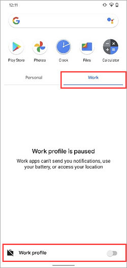 Screenshot of Work profile switch turned off in Google Pixel 4 app drawer showing "Work profile is paused."