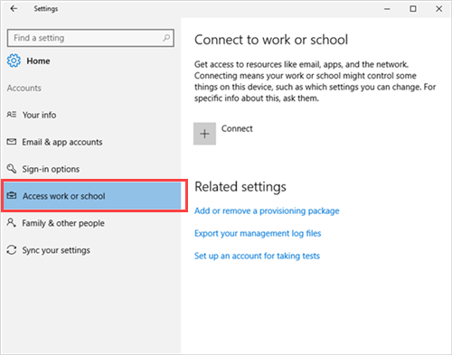 Screenshot showing Access work or school option