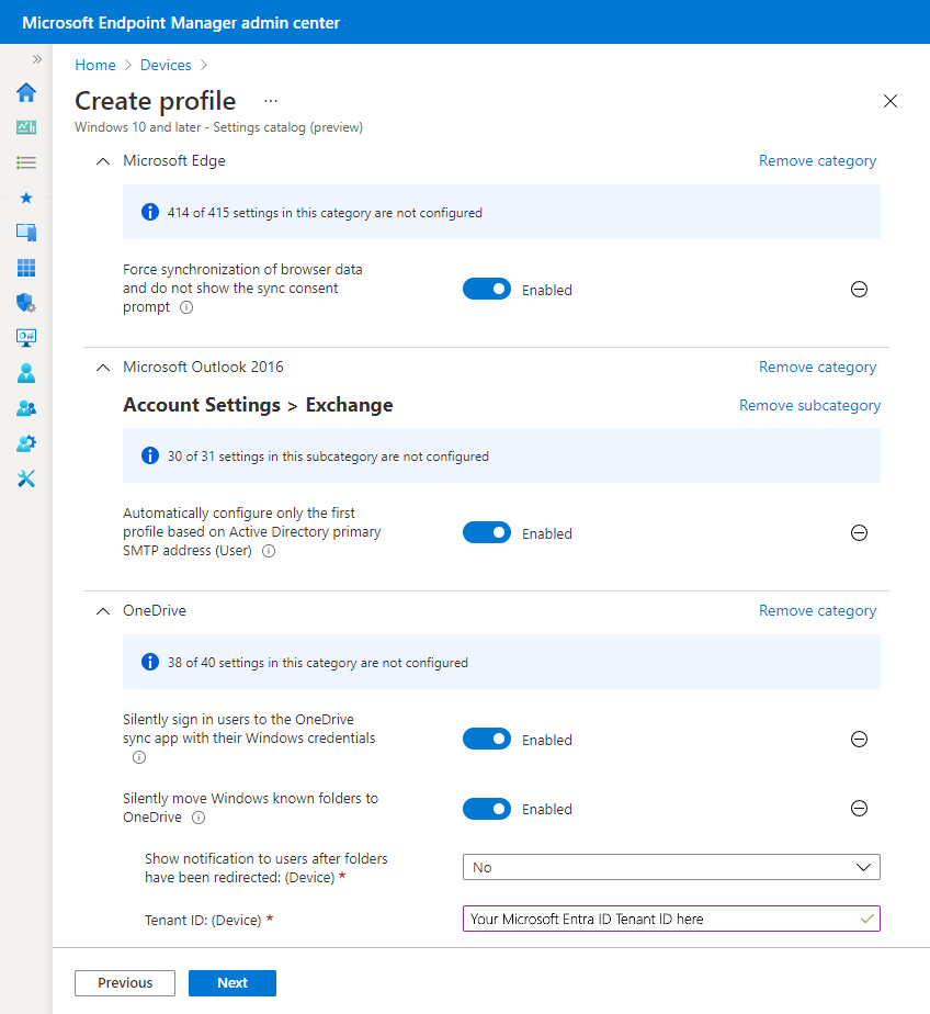 Image that shows an example of a settings catalog profile in Microsoft Intune.
