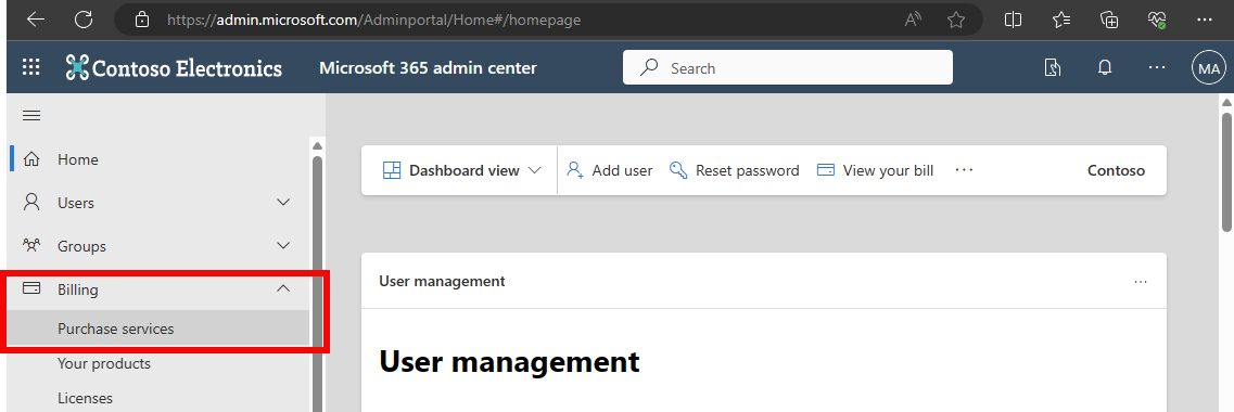 Screenshot of Admin center showing purchase services highlighted.
