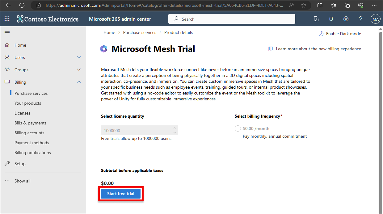 Screenshot of Start free trial button showing highlighted.