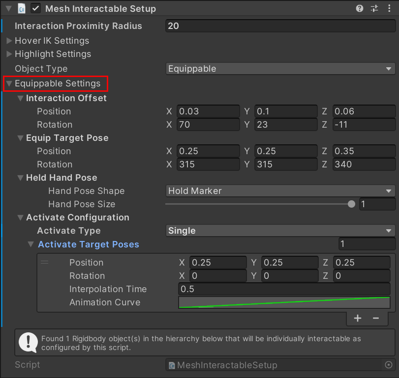 A screen shot of the Mesh Interactable Setup component with the Equippable settings displayed.