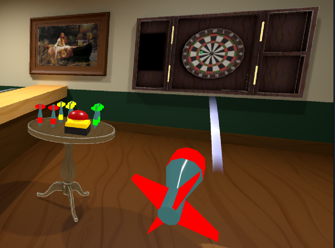 A screen shot of a dart game with a dart grabbed and read to be thrown.