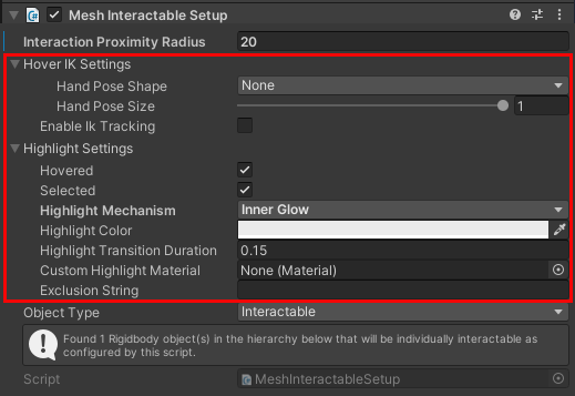 A screen shot of a Mesh Interactable Setup component with the properties common to all object types highlighted.