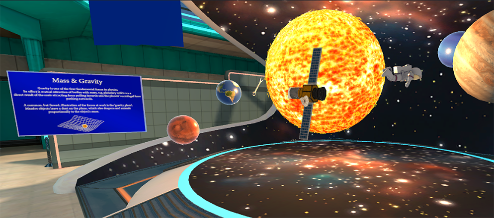 A screenshot of the mass and gravity exhibit in the Mesh Science Building sample, with objects rotating around the sun.