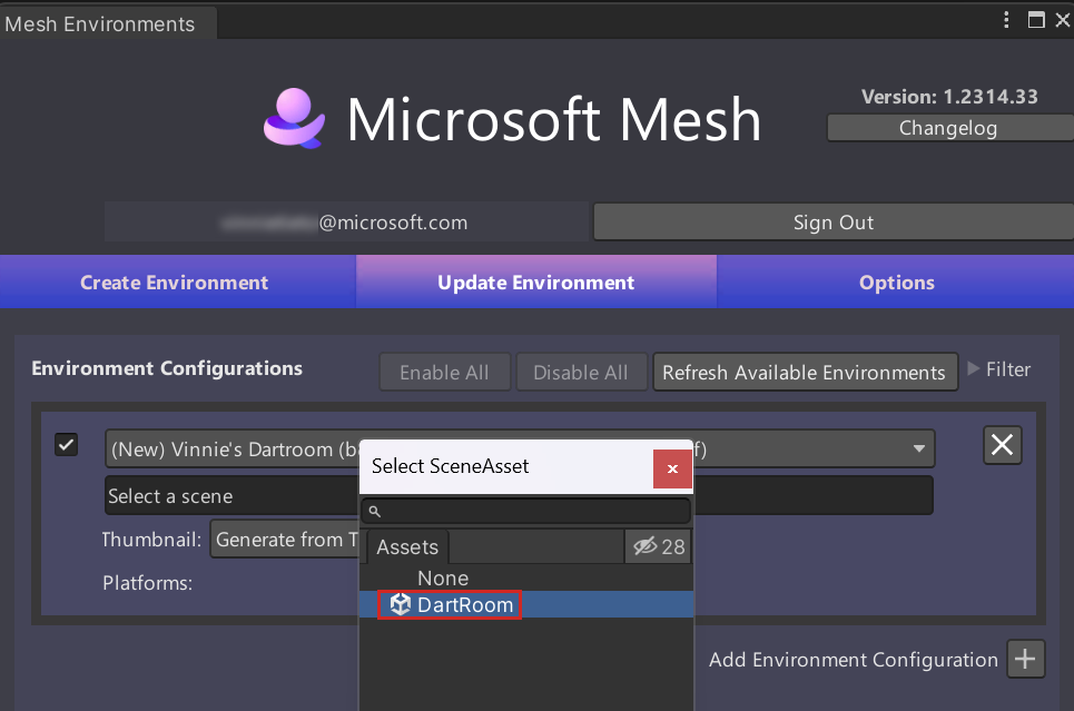 A screenshot of the Mesh Uploader with scene selection in progress.