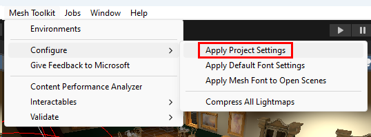 A screenshot of the menu bar in Unity showing the Configure Project Settings option