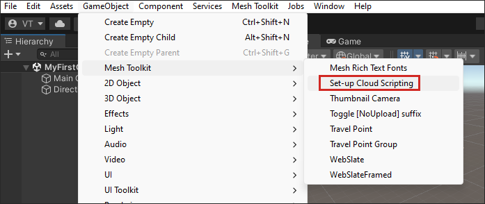 Screen shot of the Set up Cloud Scripting menu item.