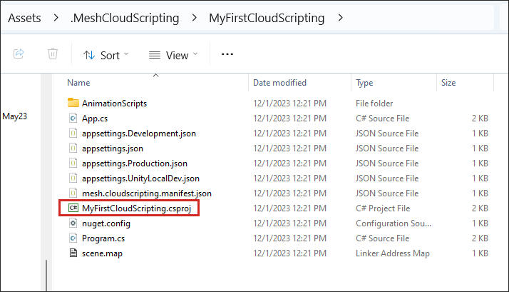 Screenshot of a folder structure in Windows showing scripting project.