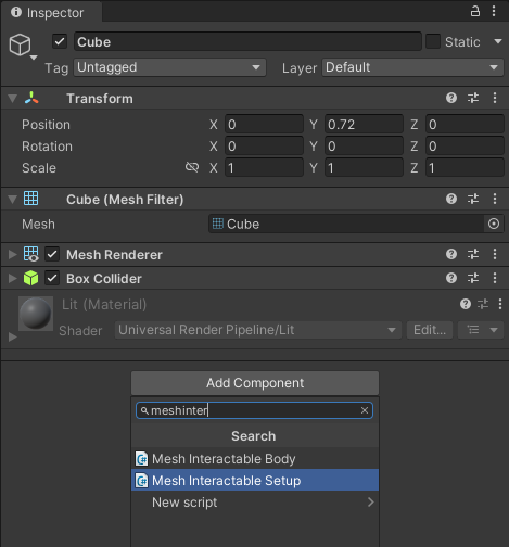 Screenshot of the Add Component search bar with Mesh Interactables Setup selected.