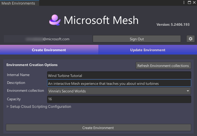 A screenshot of a Mesh uploader showing the Create environment tab filled out.