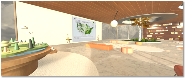 A screenshot of a Mesh experience with a WebSlate on the wall showing a map.