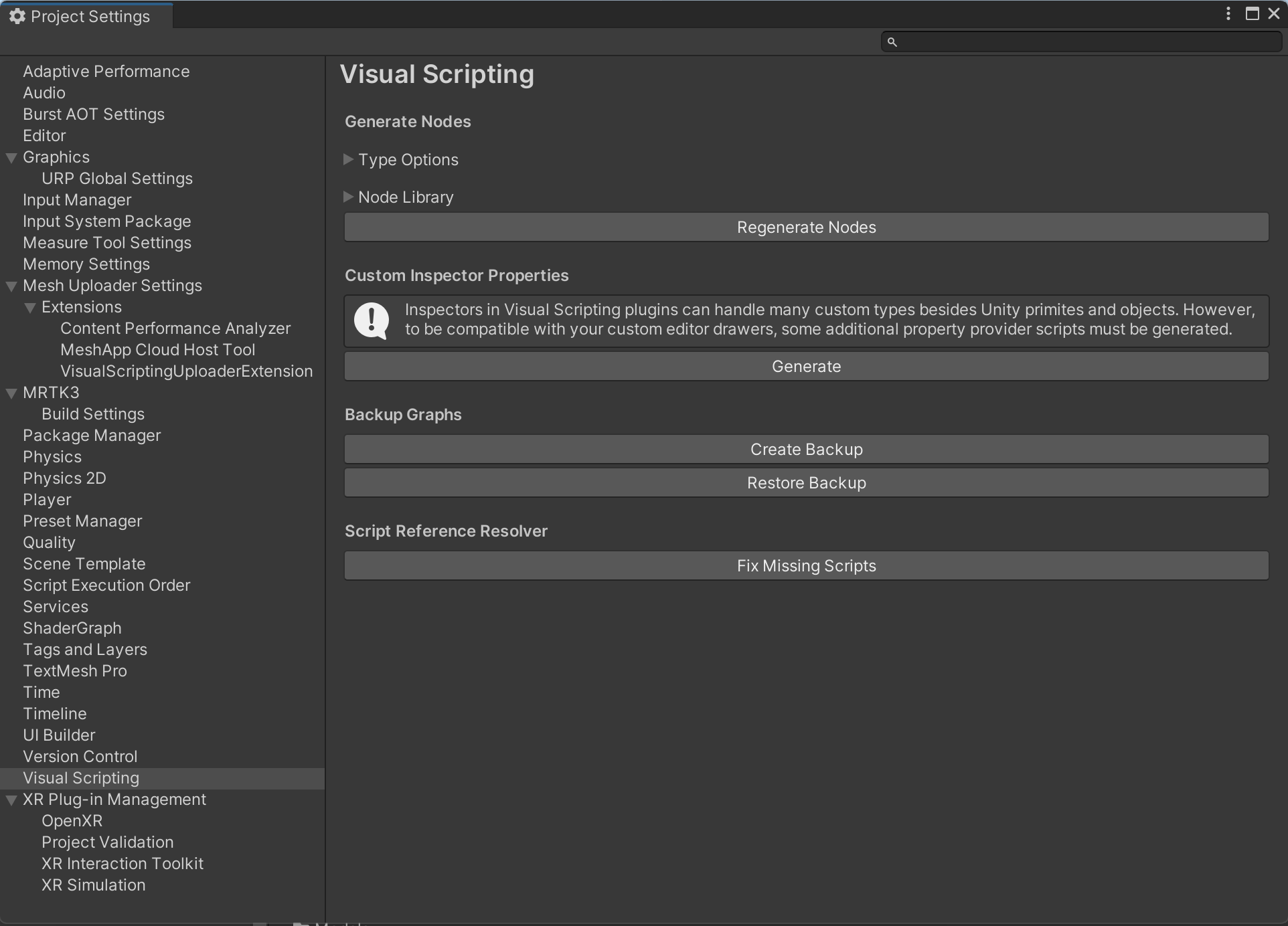 A screenshot of Visual scripting page in Unity.