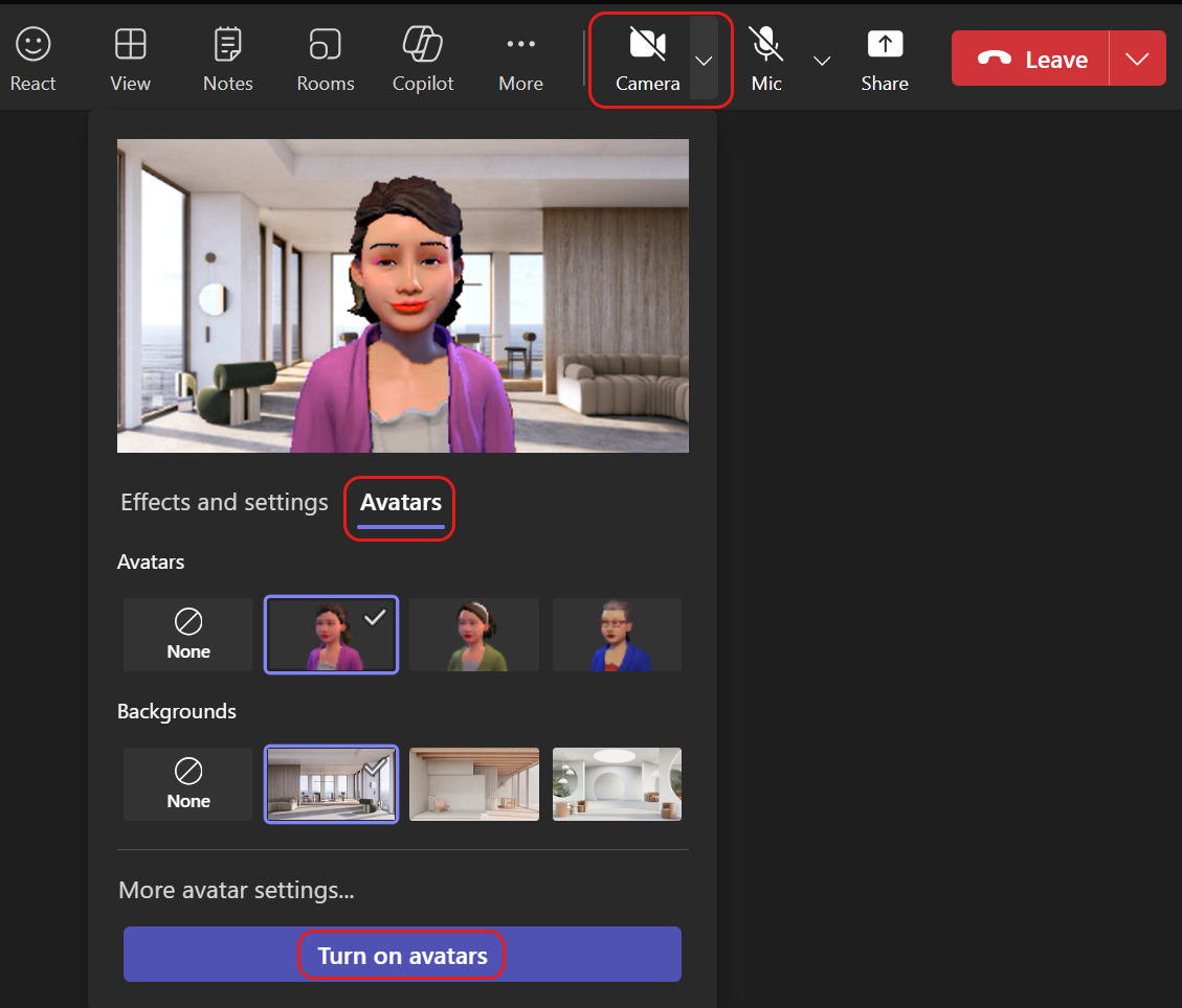 Avatars are now available as alternative choice to turning on your Camera during a Teams meeting.