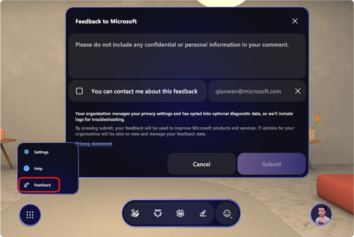 A screenshot of the immersive spaces feedback dialog