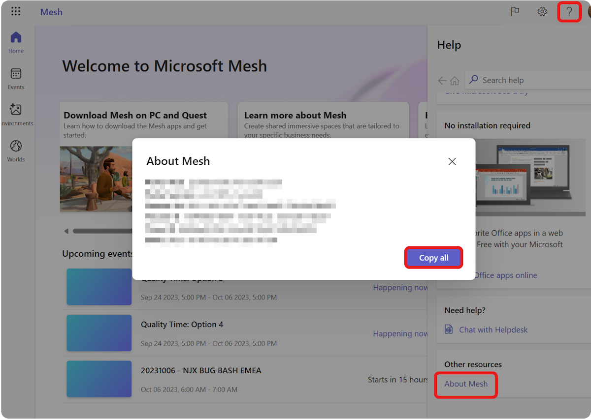 A screenshot of the About Mesh dialog in the Mesh Portal