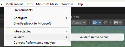 Screenshot of Validate Active Scene menu item in the Mesh Toolkit.