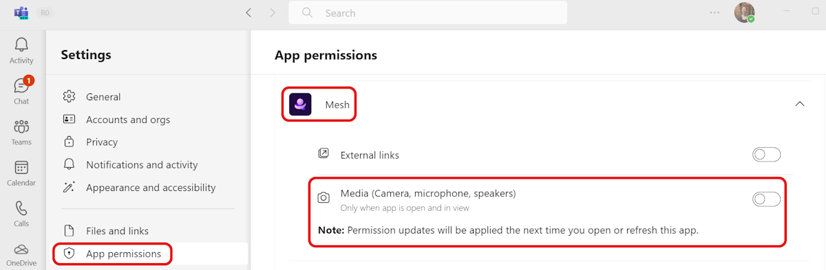 the Mesh app permissions dialog in Teams settings