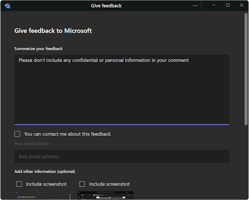 A screenshot of the Teams Give feedback dialog box