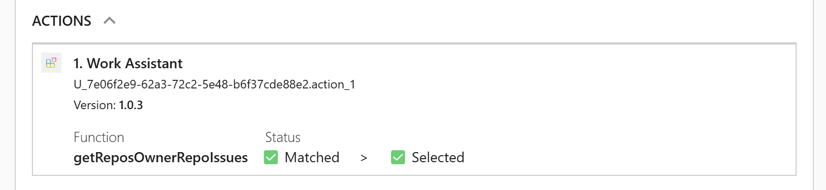 Screenshot of Microsoft 365 Copilot session where Copilot has returned a card with debugging information showing the configured agent actions