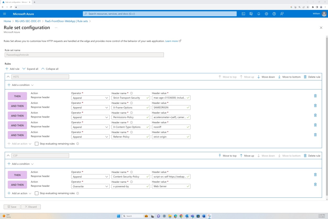 Azure front door configuration settings