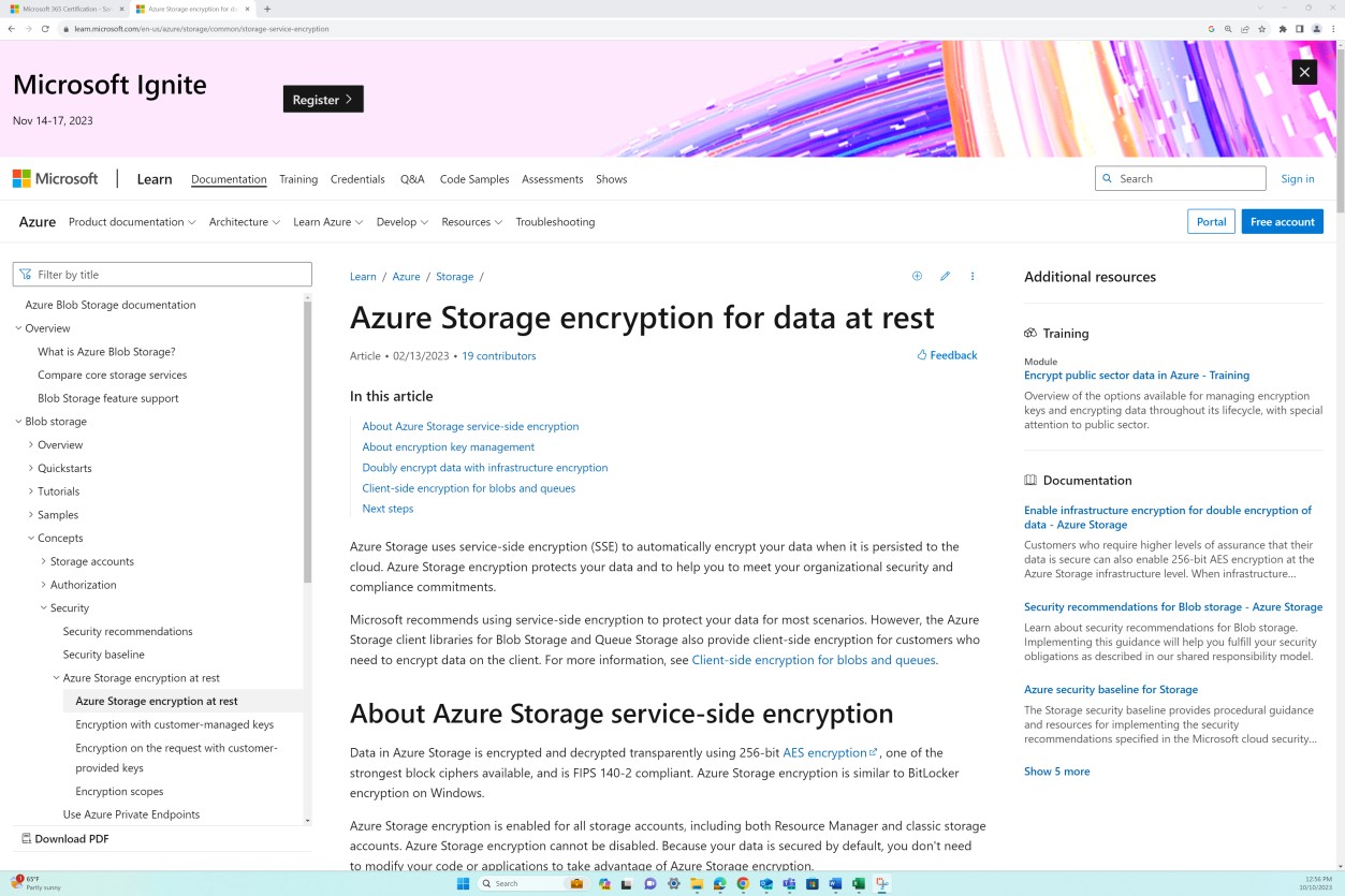 Microsoft learn Azure storage encryption document.