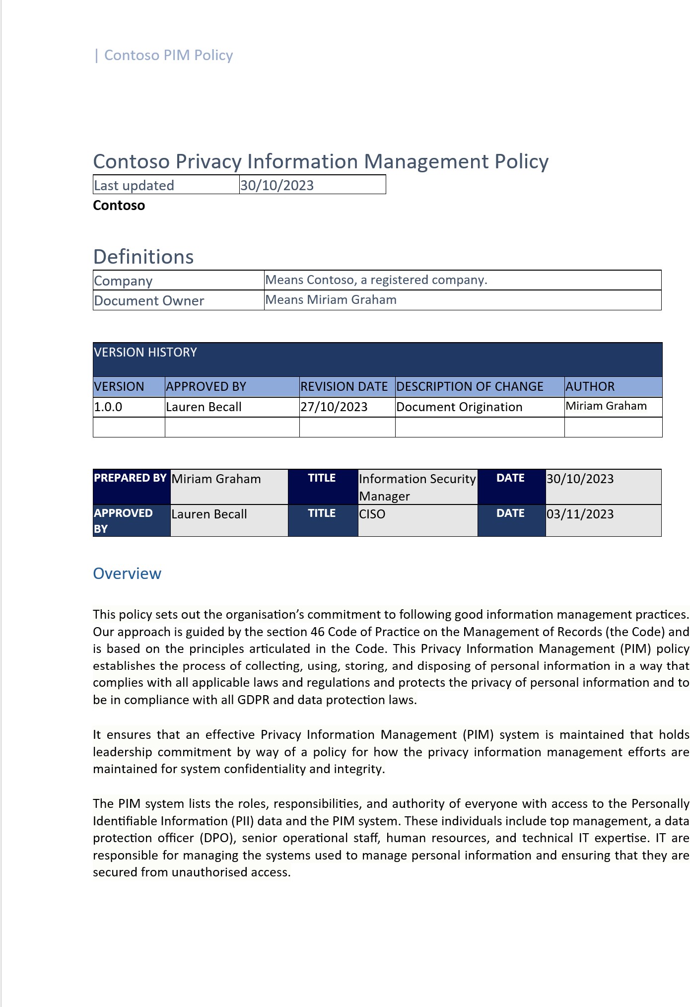 Privacy information management policy document.