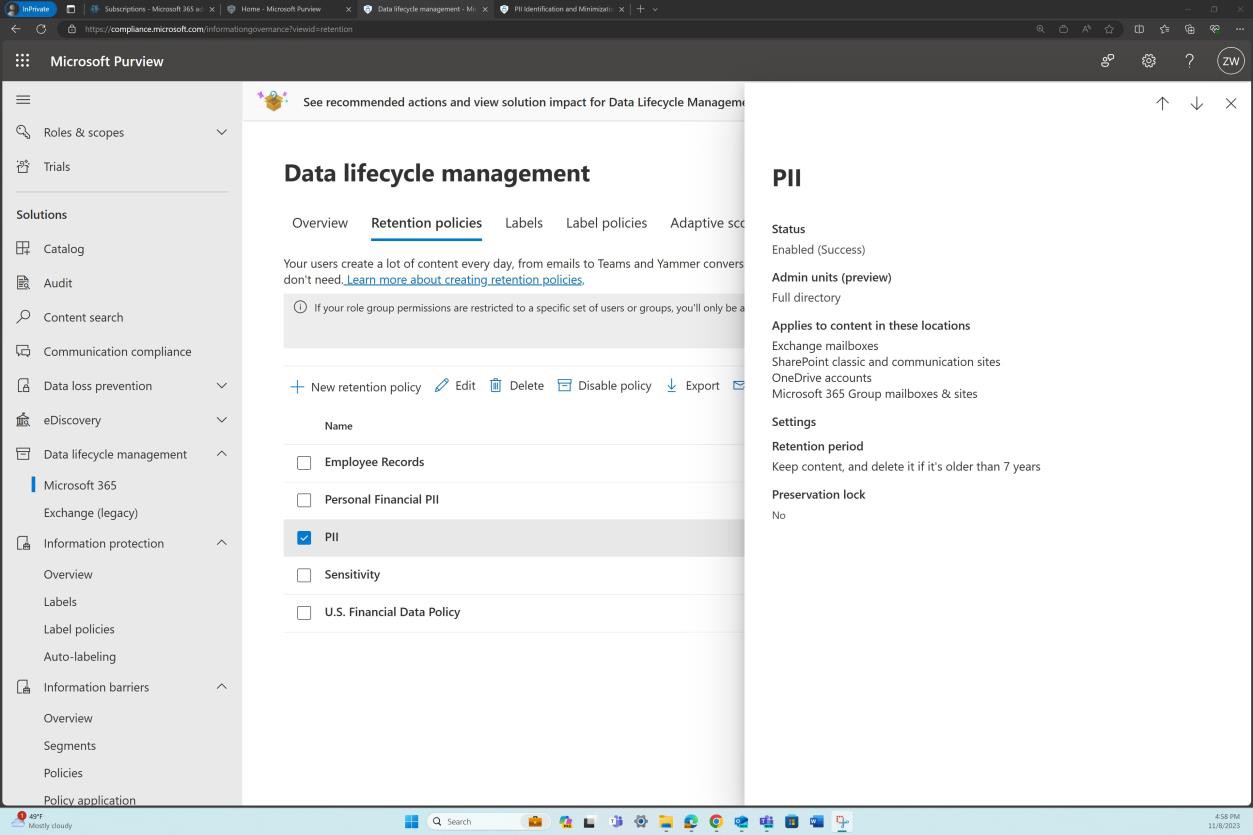 Microsoft Purview lifecycle management page.