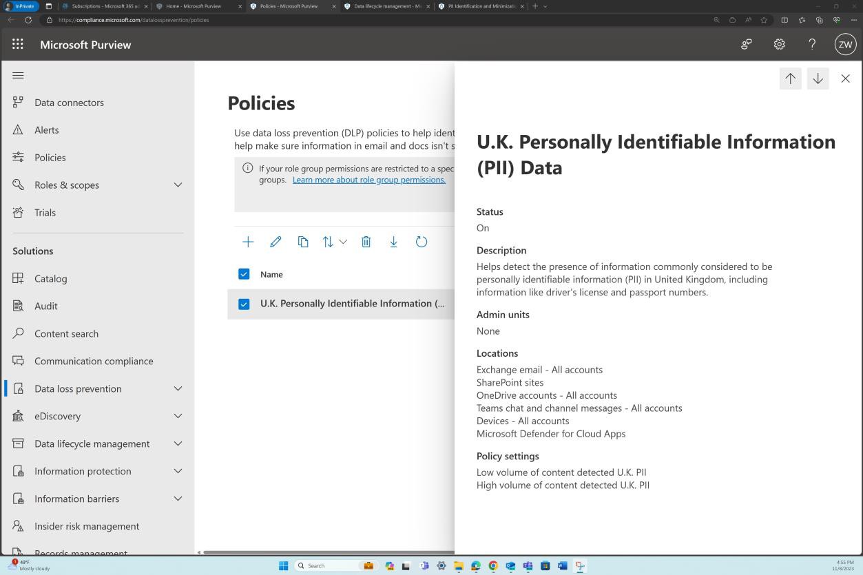 Microsoft Purview policies settings.