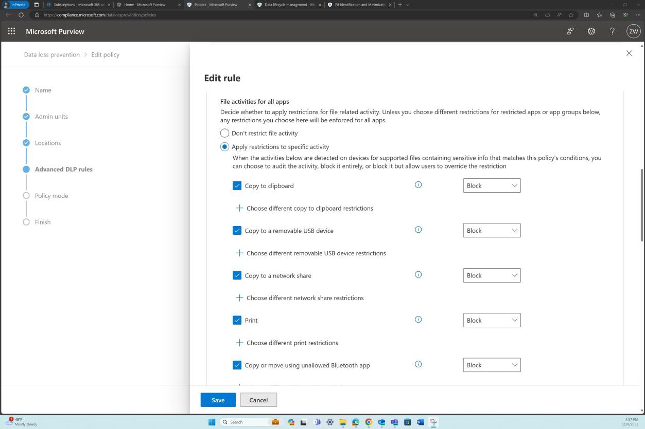 Microsoft Purview policies settings.