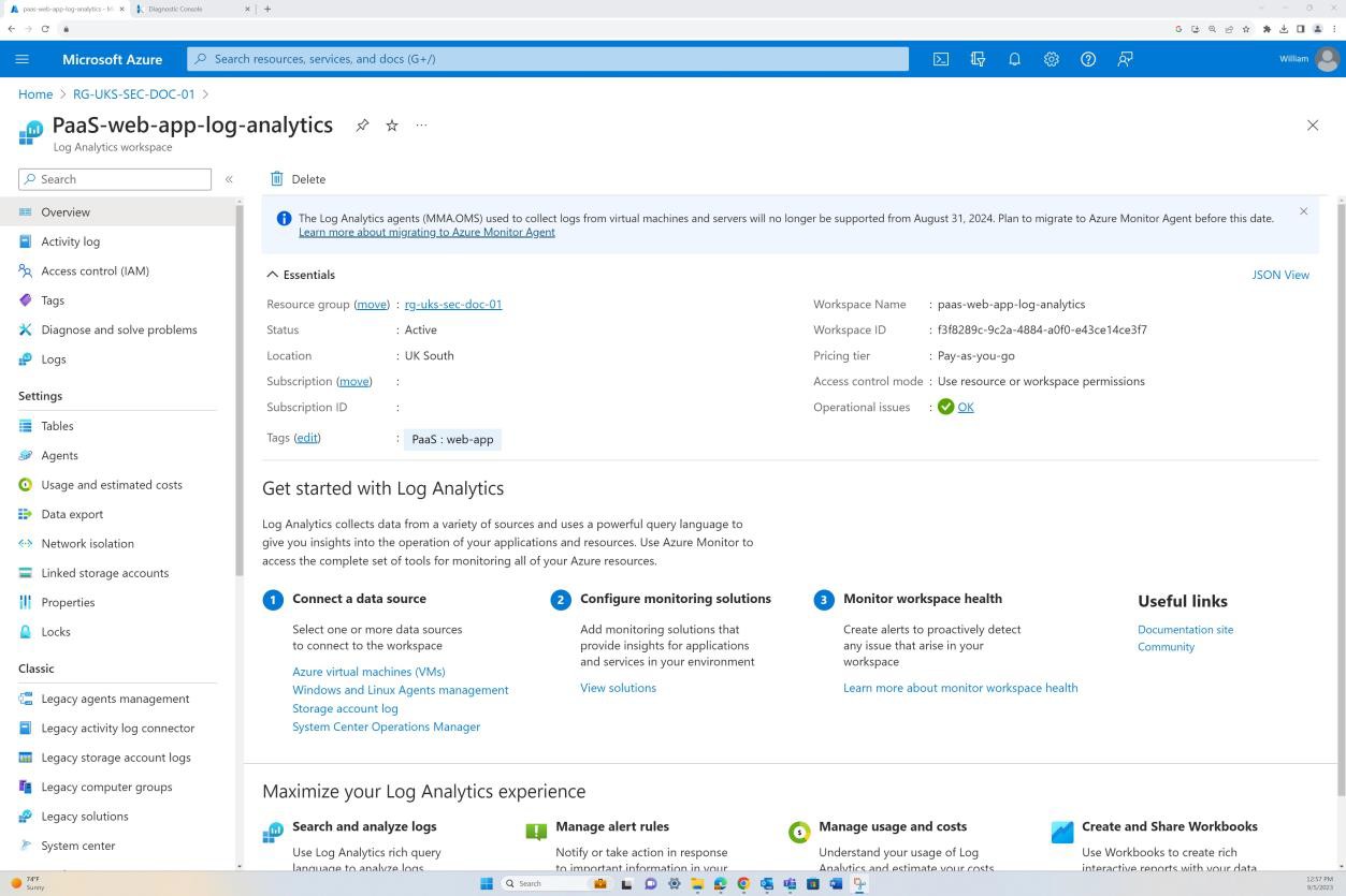 Microsoft Azure log analytics workplace overview page.