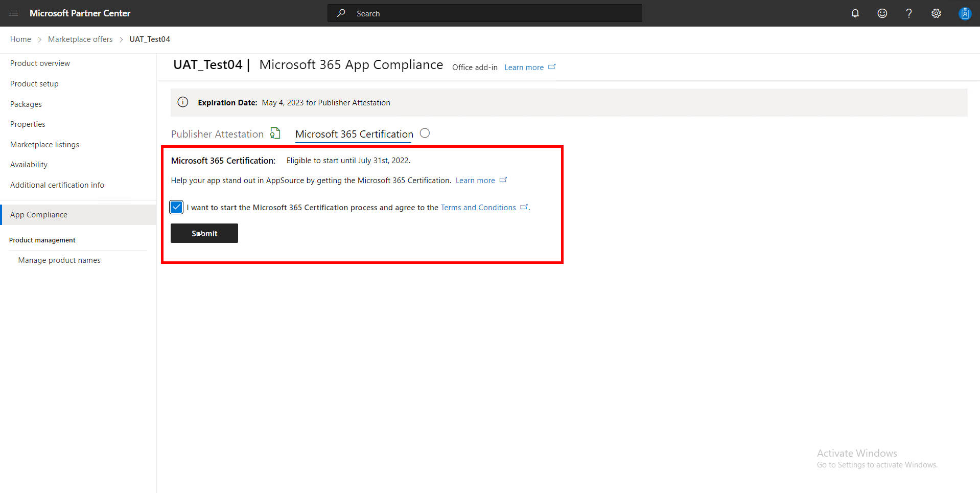 Screenshot shows the consent box selected above the Submit button.