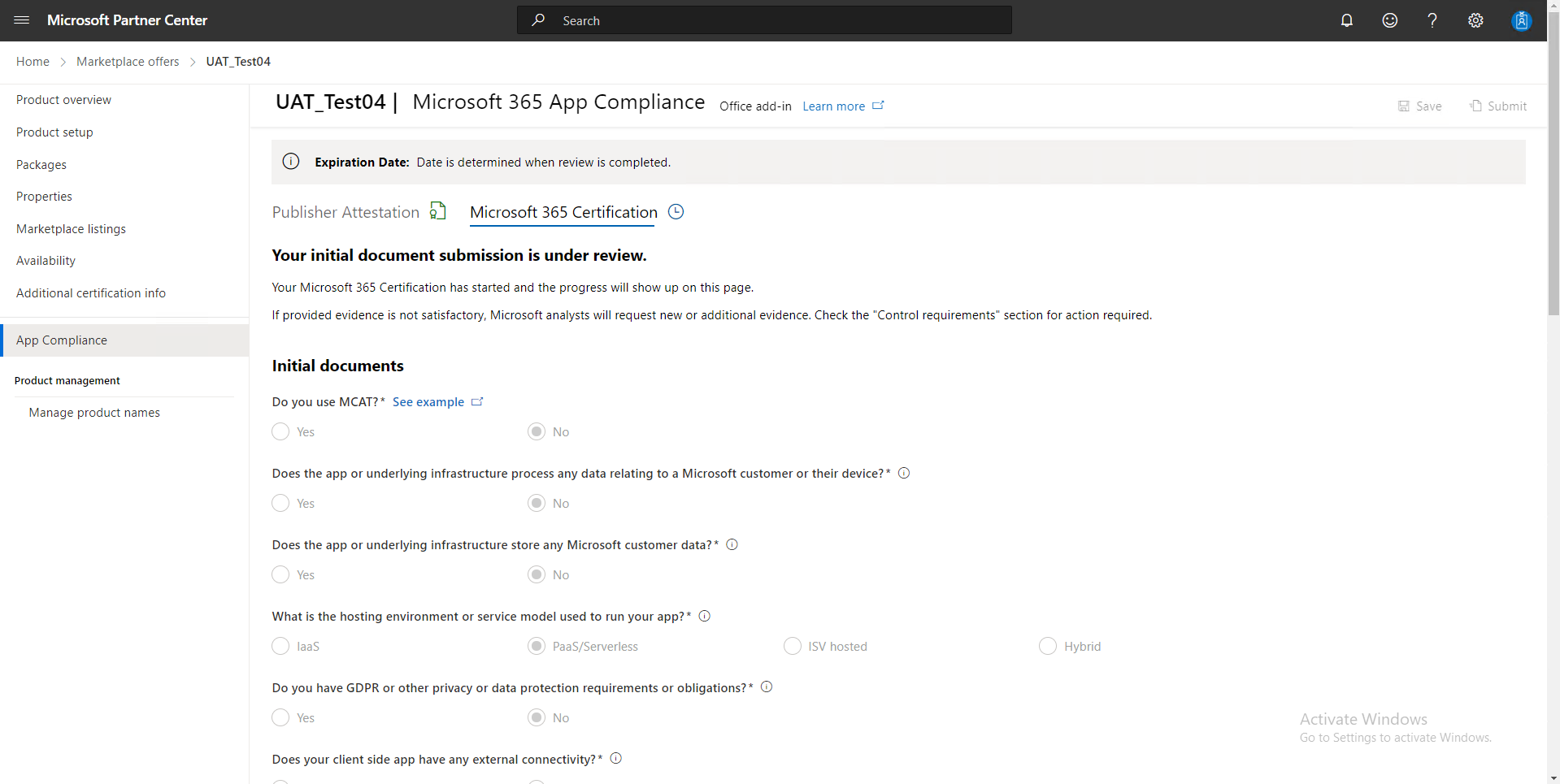 Screenshot shows certification IDS submitted.