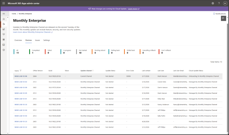 Screenshot of the Microsoft 365 Apps admin center Monthly Enterprise Channel Devices page showing status summary counts for update states such as Completed, Not started, and Failed, and a table of devices with columns including Name, Office version, Build, Update channel, Update status, Error code, Last contact, Last user, and Cloud Update status.