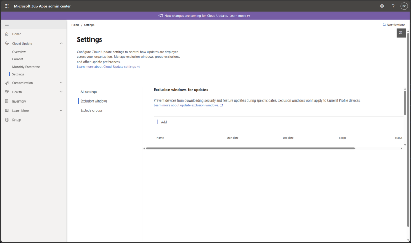 Screenshot of the Microsoft 365 Apps admin center Settings page showing Cloud Update configuration, with the Exclusion windows section selected, an option to add exclusion windows, and a table for defining start and end dates, scope, and status, along with left navigation and links to exclude groups.