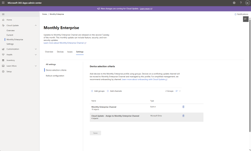 Screenshot of the Microsoft 365 Apps admin center showing the Monthly Enterprise profile Settings tab. The Device selection criteria section includes both the built-in Monthly Enterprise Channel device collection and a Microsoft Entra group assigned to the profile. Devices from either source are managed by the Monthly Enterprise profile. Options to Add groups and Add channels are available above the assignment list.