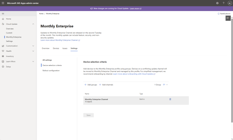 Screenshot of the Microsoft 365 Apps admin center showing the Monthly Enterprise profile Settings tab. The Device selection criteria section displays the built-in Monthly Enterprise Channel device collection, which contains onboarded devices assigned to the profile. Options to Add groups and Add channels are available above the device collection list.
