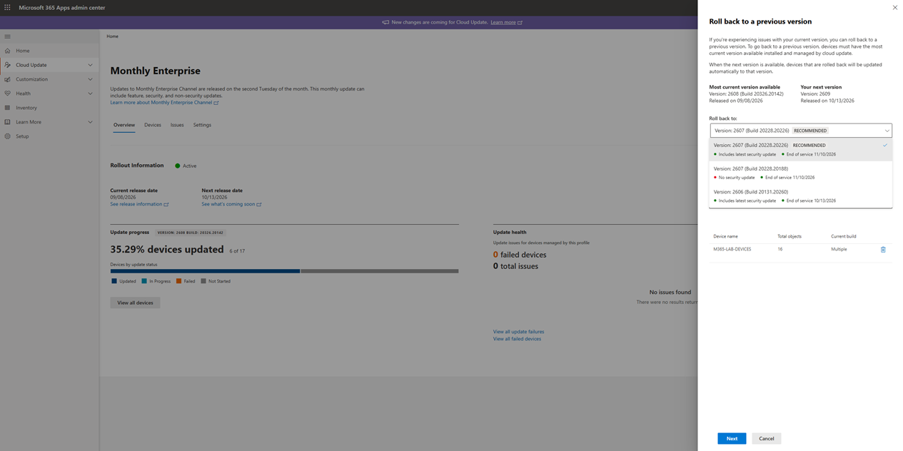 Screenshot of the Microsoft 365 Apps admin center showing the rollback to a previous version experience for a Cloud Update profile. The current installed version is 2608, and a dropdown list displays available rollback versions, including recommended builds and security update status. Information about the next available version and the number of managed devices targeted for rollback is also shown.