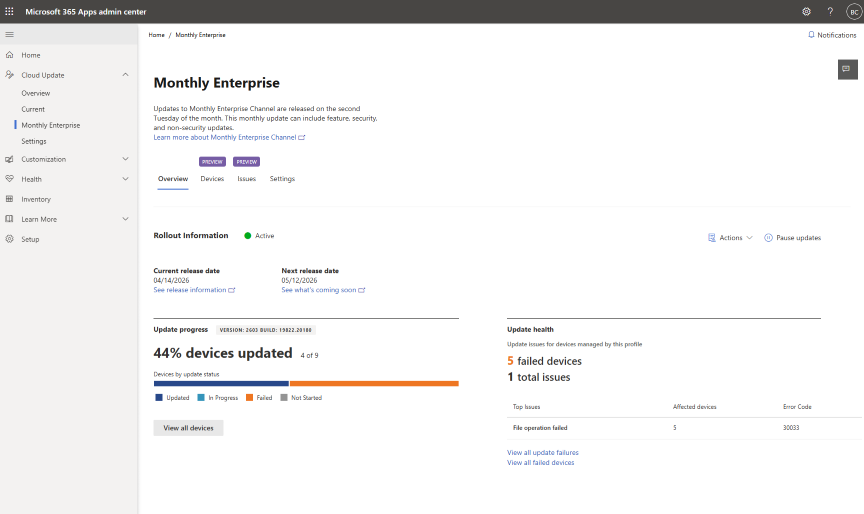 Screenshot of the Microsoft 365 Apps admin center showing the Monthly Enterprise page under cloud update. The left navigation menu lists sections such as Overview, Current, Monthly Enterprise, Settings, Health, Inventory, and Setup. The main panel displays rollout information with a status of Active, a current release date of April 14, 2026, and a next release date of May 12, 2026. An update progress section shows 44% of devices updated, with a horizontal bar indicating device states, updated, in progress, failed, and not started. On the right, the update health section reports five failed devices and one total issue, with the top issue listed as 'File operation failed' affecting five devices, along with an error code.